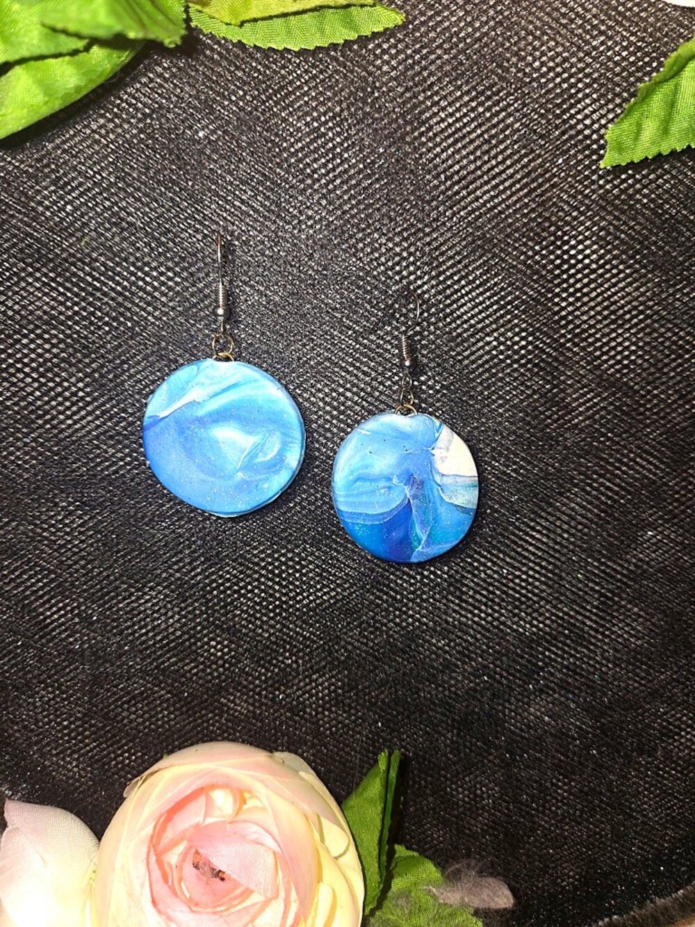 Handmade Blue Clay Dangle Earrings, Marbled Round Disc Pair B